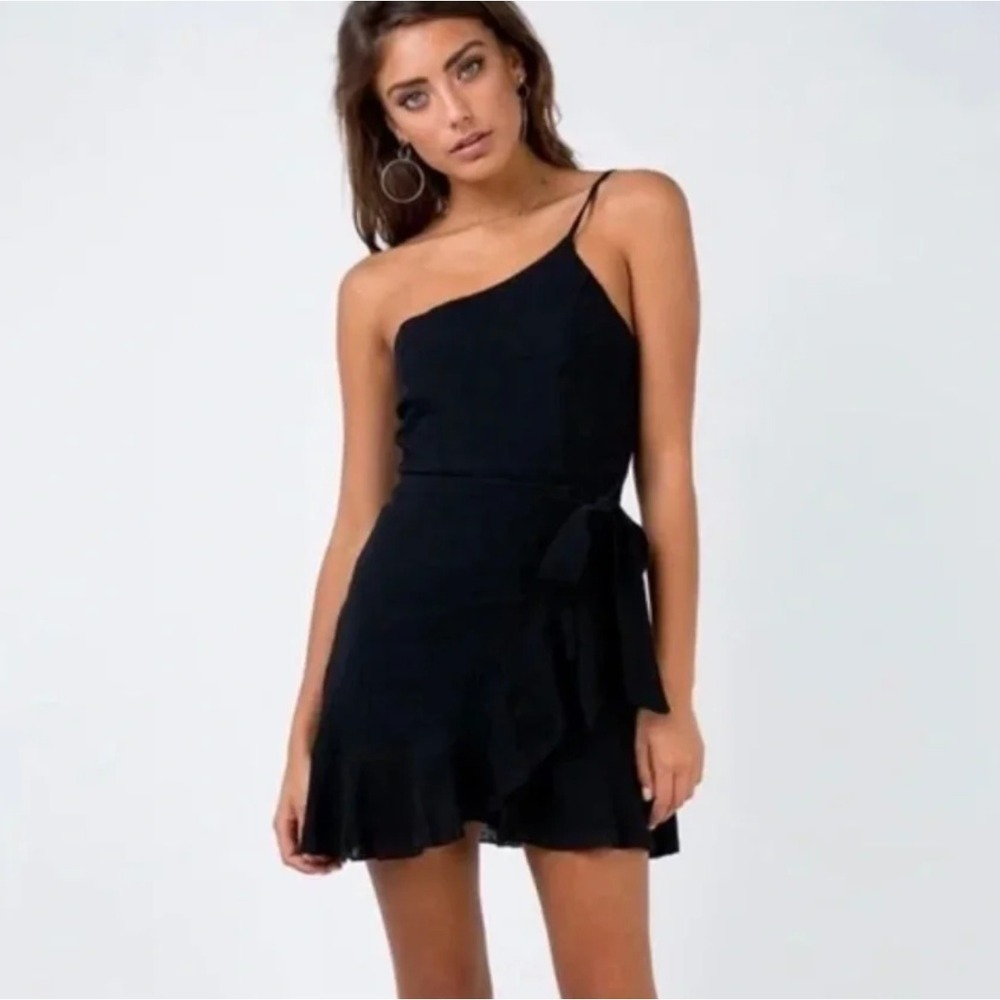 Princess Polly Reggie One Shoulder Mini Dress Black Women's 2 NWT Ruffle Tie